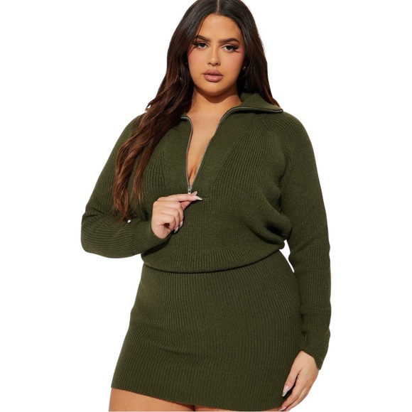 FASHION NOVA | Ashley Sweater Mini Dress - Olive Size Large - Picture 1 of 14